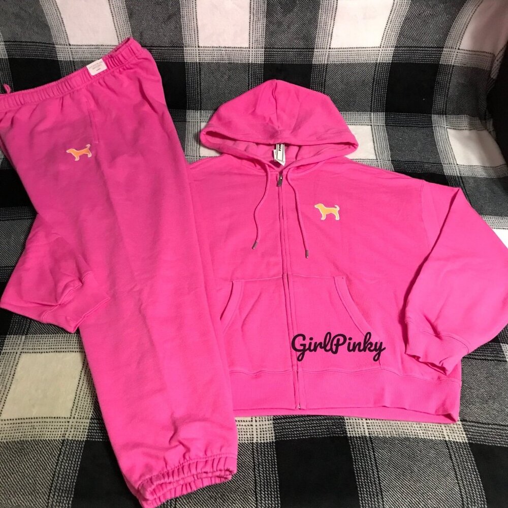 VS PINK PINK GOSSIP SWEATPANTS OUTFIT & FULL ZIP W/ MINI DOG LOGO SIZES S-XL
